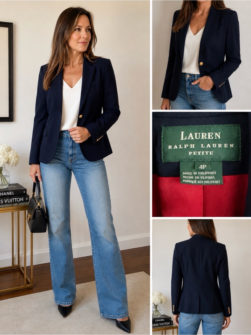 Lauren Ralph Lauren Navy Single-Button Petite Blazer with Gold Buttons